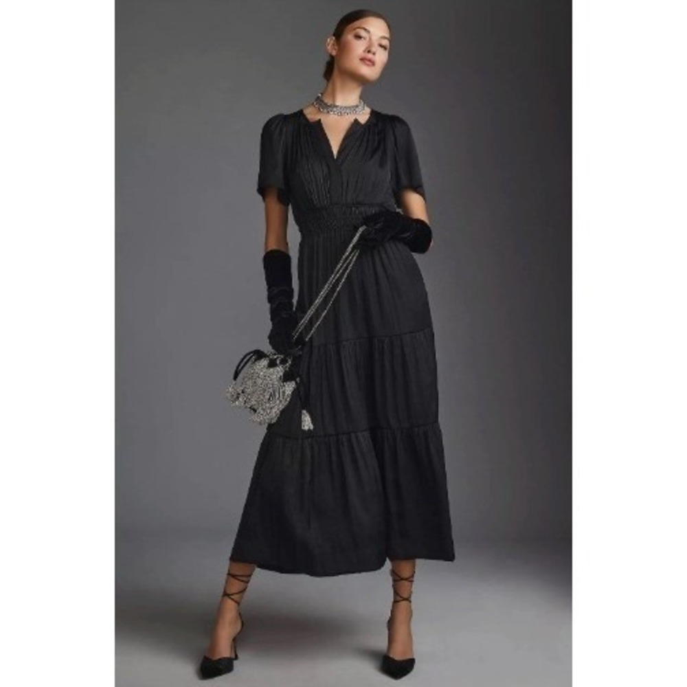Anthropologie Somerset Pleated V-Neck Maxi Dress Womens XS Black Cocktail Party